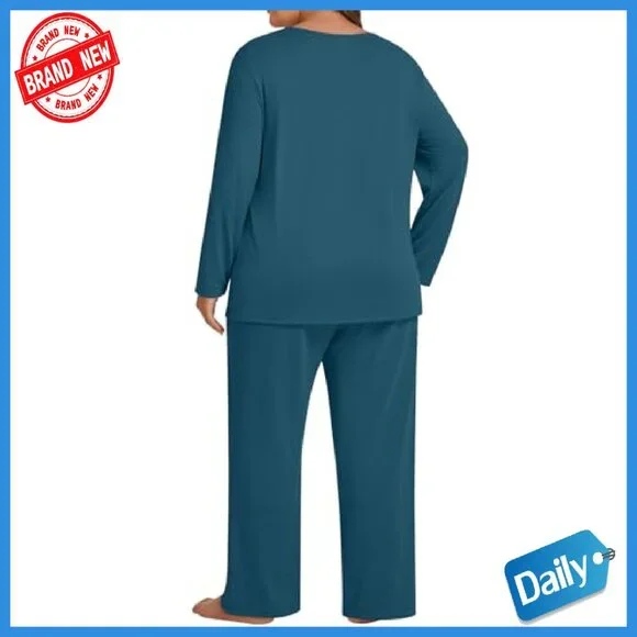Plus Size Long Sleeve Pajama Set with Pockets, Rayon Spandex - Picture 4 of 8